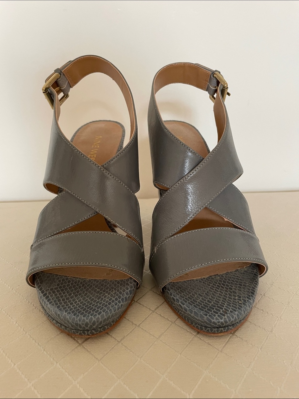 Nine West Gray Leather Crisscross Wedge Sandals